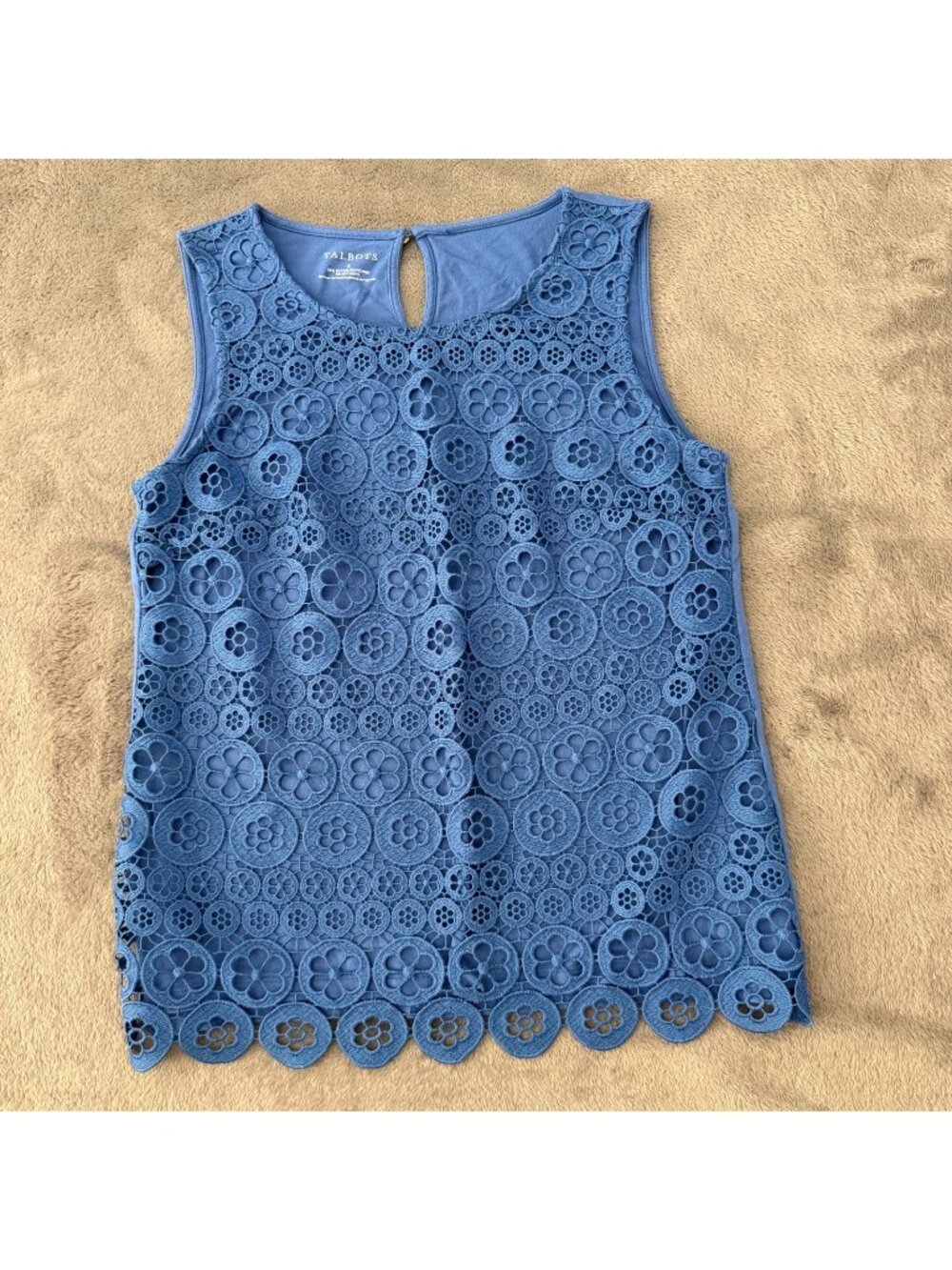 Talbots Blue Sleeveless Blouse Top Lace Crochet Front Womens SMALL